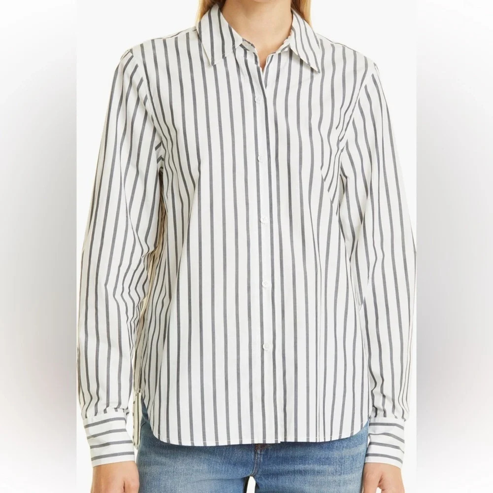Jenni Kayne White Button-Down Shirt with Black Vertical Stripes